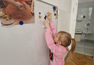 Dziecko przyczepia do tablicy obrazki.