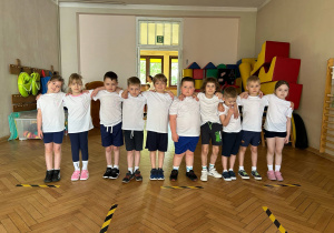 Zdjęcie grupowe - grupa IV. Dzieci stoją w jednym rzędzie w ozdobionych przez siebie koszulce.