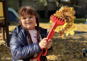 Dziewczynka trzyma grabkami liście.