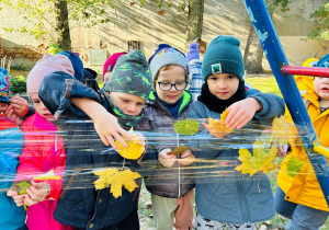 Dzieci przyklejają liście do folii.